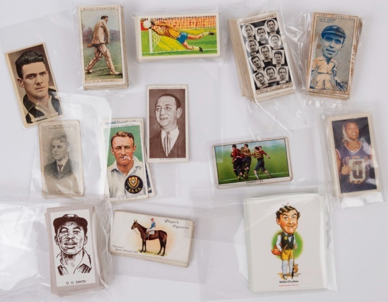 CIGARETTE/TRADING CARDS: assortment with a few sets, plus part-sets and odd cards with CRICKET: 1928 Wills 'Cricketers' [30/50], 1992 County Print '1950s Test Cricketers' [50/50, excellent condition], other odds from Turf & Players; SOCCER: 1930 'Associat