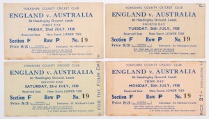 1938 ASHES ENGLAND v AUSTRALIA - 4th TEST: Yorkshire Cricket Club reserved seat entrance tickets for 22nd, 23rd, 25th & 26th July for the four-day Test held at the Headingley Cricket Ground (Leeds). (4)