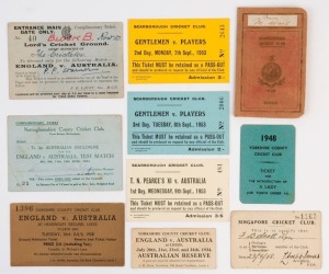 VINTAGE TICKETS: with 1926 Scarborough Cricket Club (England) member's season ticket, 1934 Nottinghamshire CC ticket for England v Australia (Jun. 8th-12th), 1934 Yorkshire CC ticket for England v Australia (Jul. 20th-24th), 1938 Ticket for England v Australia Test Match (final day, 4th Test), 1948 ticket for 'The Introduction of a Lady (or Youth under 14), 1953 day tickets for Gentlemen v Players (2) & T.N. Pearce's XI v Australia;