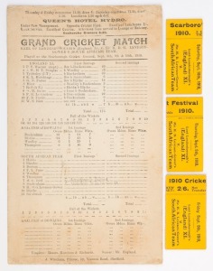 1910 ENGLAND XI v SOUTH AFRICAN TEAM SCORECARD: 'Grand Cricket Match' scorecard for Earl of Londesborough's (England) XI v Mr H.D.G. Leveson-Gower's (South African) Team held at Scarborough Cricket Ground (Sep.8-10,1910); also admission tickets for each d