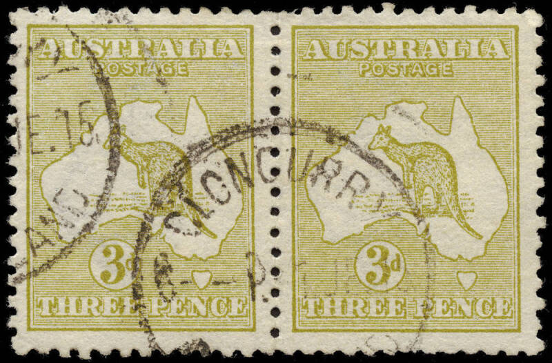 3d Olive, Watermark Inverted, Die 1 + Die 2 horizontal pair, FU at CLONCURRY, June 1915. A very scarce piece. BW:12a/aa - ($975+) but not priced as a pair.