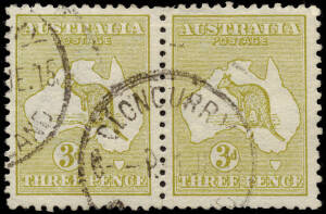 3d Olive, Watermark Inverted, Die 1 + Die 2 horizontal pair, FU at CLONCURRY, June 1915. A very scarce piece. BW:12a/aa - ($975+) but not priced as a pair.