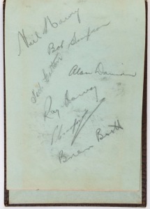 1956 MELBOURNE OLYMPICS: autograph book containing signatures of participants at the 1956 Olympic Games incl. Australia Ian Bruce (long jump), Great Britain Chris Brasher (Gold, 3000m steeplechase), Derek Ibbotson (Bronze) & Chris Chataway (both 5000m); athletes from many other countries represented including Italy (boxers), Japan (wrestlers & cyclists), Korea (cyclists), Nigeria, Philippines (wrestlers), Rumania, Thailand (weightlifters), etc; also CRICKET: Australians Richie Benaud,