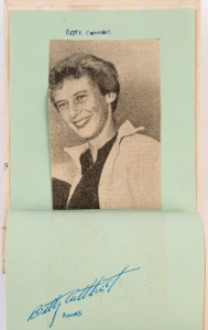 1956 MELBOURNE OLYMPICS: autograph book containing numerous signatures of competitors at 1956 Melbourne Olympics including Australians: BETTY CUTHBERT (bold autograph, Golds 100m, 200m & 400m Relay), KEVIN GOSPER (Silver 400m Relay), Dick Garrard (Silver, 1948 London) Australia's most successful sports wrestler, not beaten in a match in Australia for 25 years, between 1930 and 1956); USA: BOBBY MORROW (Golds 100m, 200m & 100m Relay)