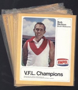 1968 AMPOL 'VFL' CHAMPIONS: with player illustrated folders (24x20cm) & 45pm record; [9/12] comprising Ron Barrassi (Carlton), Alex Ruscuklic (Fitzroy), Ted Whitten (Footscray), Doug Wade (Geelong), Hassa Man (Melbourne), Lawrie Dwyer (North Melbourne), R