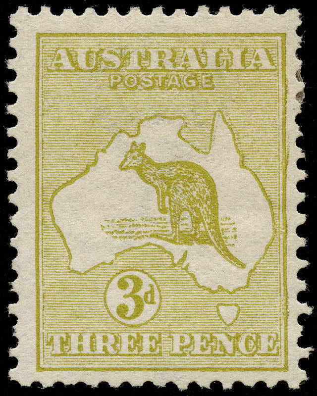 3d Pale Olive (Die 1), partial "kiss print" showing a distinct doubling of the Queensland coast and the right frame adjacent; also some duplication of shading in UST of AUSTRALIA. Apparently only one other example known, a used single dated May 1914. The