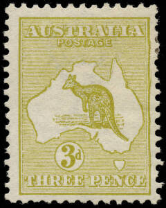 3d Pale Olive (Die 1), partial "kiss print" showing a distinct doubling of the Queensland coast and the right frame adjacent; also some duplication of shading in UST of AUSTRALIA. Apparently only one other example known, a used single dated May 1914. The 
