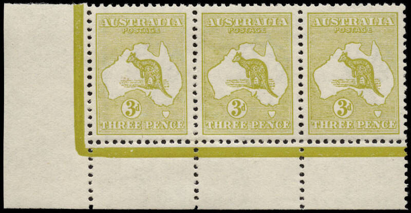 3d Olive (Plate 1, Die 2) No Monogram, corner strip of 3 from the left pane, with variety at L55 "White flaw over T of THREE". Superb appearance, MUH/MLH with a minor gum tone mentioned for accuracy. Extremely rare. BW:12(1)z - $10,000.