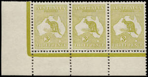 3d Olive (Plate 1, Die 2) No Monogram, corner strip of 3 from the left pane, with variety at L55 "White flaw over T of THREE". Superb appearance, MUH/MLH with a minor gum tone mentioned for accuracy. Extremely rare. BW:12(1)z - $10,000.