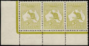 3d Olive (Plate 1, Die 2) No Monogram, corner strip of 3 from the left pane, with variety at L55 "White flaw over T of THREE". Superb appearance, MUH/MLH with a minor gum tone mentioned for accuracy. Extremely rare. BW:12(1)z - $10,000.