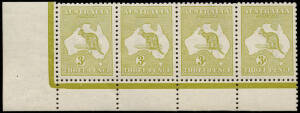 3d Green (Plate 1, Die 2) No Monogram corner strip of 4 from the left pane, with variety at L55 "White flaw over T of THREE"; MUH/MLH with superb frontal appearance but with a horizontal band of gum discolouration accross the piece. BW:12(1)z+ - $10,000+.