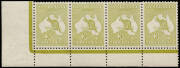 3d Green (Plate 1, Die 2) No Monogram corner strip of 4 from the left pane, with variety at L55 "White flaw over T of THREE"; MUH/MLH with superb frontal appearance but with a horizontal band of gum discolouration accross the piece. BW:12(1)z+ - $10,000+.