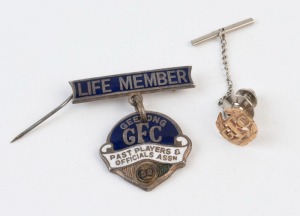 GEELONG FOOTBALL CLUB: "LIFE MEMBER - PAST PLAYERS & OFFICIALS ASS'N" two-part badge; also, a 9ct gold GFC lapel pin; both items circa 1950s.