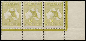 3d Olive (Plate 1) No Monogram, corner strip of 3 from the right pane, with varieties at R58 "Break in top frame over ST" and R60 "White flaws under CE of PENCE". Extremely scarce. MLH. BW:12(1)za - $6000.