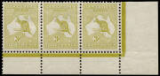 3d Olive (Plate 1) No Monogram, corner strip of 3 from the right pane, with varieties at R58 "Break in top frame over ST" and R60 "White flaws under CE of PENCE". Extremely scarce. MLH. BW:12(1)za - $6000.