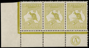 3d Olive (Plate 2) CA Monogram corner strip of 3 from the left pane, MUH/M. Superbly centred and very scarce. BW:12(2)z - $5000.
