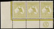 3d Olive (Plate 2) CA Monogram corner strip of 3 from the left pane, MUH/M. Superbly centred and very scarce. BW:12(2)z - $5000.