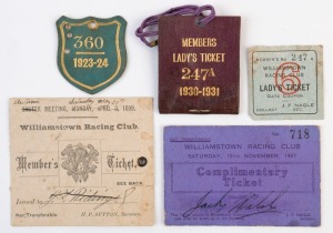 WILLIAMSTOWN RACING CLUB: various tickets dated 1899 (Member's), 1923-24 (One Lady), 1930-31 (Lady's Ticket) and 1947 (Complimentary); (4 items).