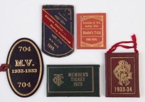 Vintage Racing Club Member's Tickets: 1915-16 Armidale & N.E. Jockey Club; 1916-17 Western District Racing Assoc'n; 1929 Tattersall's Club; 1932-33 Moonee Valley & 1933-34 Geelong Racing Club, (5 items).