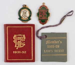 EPSOM TURF CLUB (Mordialloc): 1928-29 Member's Lady's Ticket in grey leather; 1931-31 Member's Ticket in red leather; 1945-46 enamel & brass Member's fob and 1947-48 enamel & brass Member's fob, (4 items).