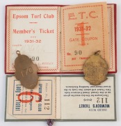 EPSOM TURF CLUB (Mordialloc): 1928-29 Member's Lady's Ticket in grey leather; 1931-31 Member's Ticket in red leather; 1945-46 enamel & brass Member's fob and 1947-48 enamel & brass Member's fob, (4 items). - 2