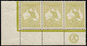 3d Olive (Plate 2) CA Monogram corner strip of 3 from the left pane, WATERMARK INVERTED. The stamps MUH, mounted in the margins. A superb rarity. Only one other CA Monogram strip of 3 with inverted watermark is recorded; formerly in the Gray collection. B