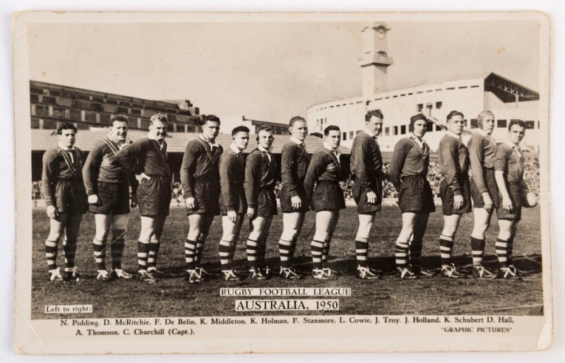 AUSTRALIA 1950 TEAM: real-photo postcard showing the Australian XIII captained by Clive Churchill; edge blemishes.