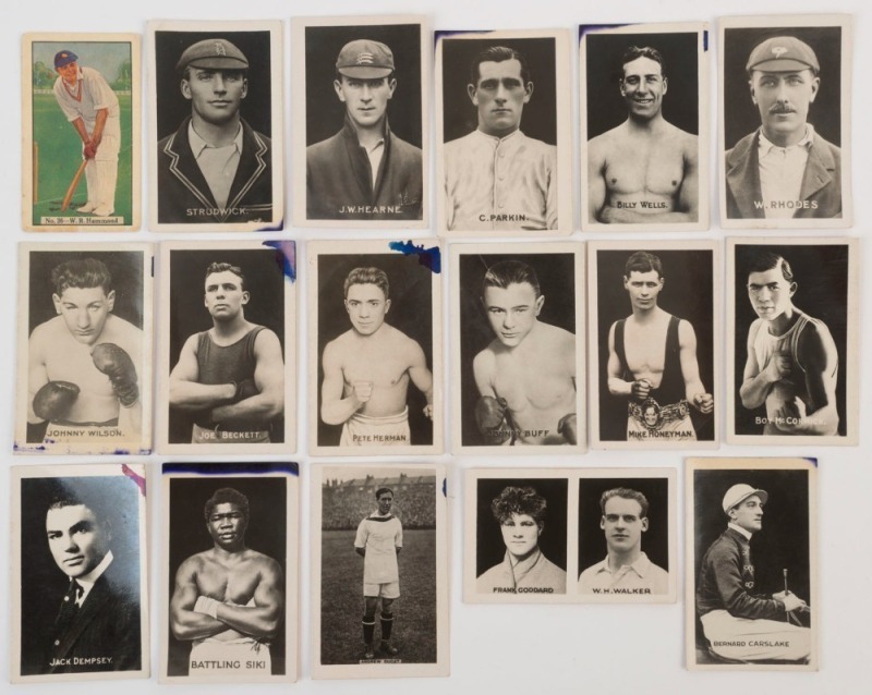 TRADING CARDS: mixed selection including c.1922 Amalgamated Press 'The Champion' series "Sporting Champions" series real-photo cards [16/66] mostly boxers, plus Allen's Q-T Fruit Drops card showing cricketer Wally Hammond; condition variable. (17)