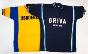 VINTAGE CYCLING JERSEYS: IJSBOERKE team, size 6 (XL) woolen/acrylic jersey made by Tricodnar (Belgium), also GRIVA NIJLEN team, size 'SL' woolen/acrylic jersey made by Campitello (Belgium); both c.late 1970s. (2)