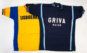 VINTAGE CYCLING JERSEYS: IJSBOERKE team, size 6 (XL) woolen/acrylic jersey made by Tricodnar (Belgium), also GRIVA NIJLEN team, size 'SL' woolen/acrylic jersey made by Campitello (Belgium); both  c.late 1970s. (2)