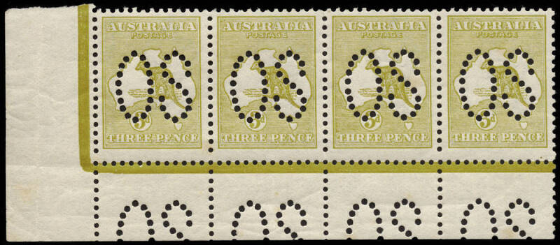 3d Olive (Plate 1, Die 2), Perforated Large OS, No Monogram corner strip of 4 from the left pane (all Die 2's) with variety at L55 "White flaw over T of THREE", MUH with traces of light gum tone in 2 places. Exceptionally rare. BW:12(1)z - ($10,000+) but