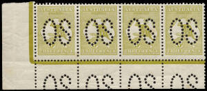 3d Olive (Plate 1, Die 2), Perforated Large OS, No Monogram corner strip of 4 from the left pane (all Die 2's) with variety at L55 "White flaw over T of THREE", MUH with traces of light gum tone in 2 places. Exceptionally rare. BW:12(1)z - ($10,000+) but 