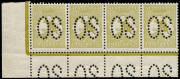 3d Olive (Plate 1, Die 2), Perforated Large OS, No Monogram corner strip of 4 from the left pane (all Die 2's) with variety at L55 "White flaw over T of THREE", MUH with traces of light gum tone in 2 places. Exceptionally rare. BW:12(1)z - ($10,000+) but 