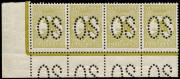 3d Olive (Plate 1, Die 2), Perforated Large OS, No Monogram corner strip of 4 from the left pane (all Die 2's) with variety at L55 "White flaw over T of THREE", MUH with traces of light gum tone in 2 places. Exceptionally rare. BW:12(1)z - ($10,000+) but