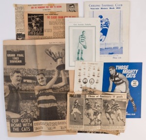 GEELONG FOOTBALL CLUB: "Souvenir History Book 1951 Jubilee Year Souvenir Brochure" 80pp (published by Henwood & Dancey); "Those Mighty Cats - A Look at the Geelong Football Club" 1966; 48pp (published by Prudential Publishing); also the C.G. Greeves Supplement to "PALS" of Sept.26, 1925 and an early photograph of "The Champions 1886 Geelong", together with several relevant newspaper cuttings.