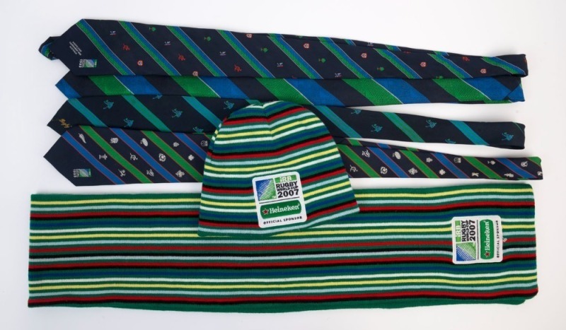 RUGBY WORLD CUP ATTIRE: comprising 2007 'Beanie' and scarf; also 1991 & 1993 (3, different designs) commemorative ties. (6 items)