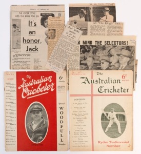 "The Australian Cricketer Monthly" Vol.1, No.1 (November 14, 1930) and Vol.1 No.4 (Feb.1931) plus several later newspaper cuttings. Rarely seen. (2).