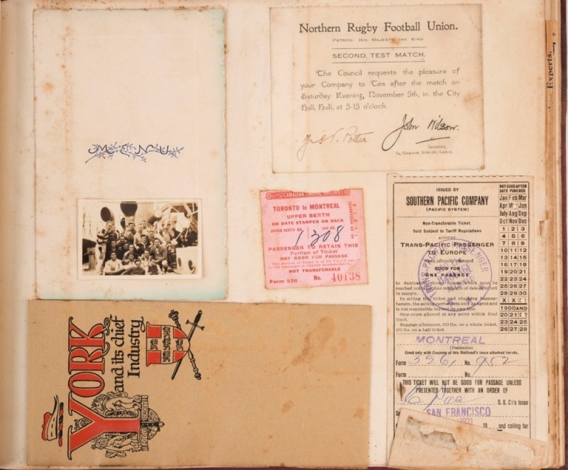 NORM POTTER - PERSONAL SCRAPBOOK FOR 1921-22 KANGAROO TOUR OF GREAT BRITAIN:  with several signed items including Rochdale Hornets Reception invitation for Nov.12 with Australian team signatures including Charles Fraser (Capt.), Cec Blinkhorn, Reg Latta &