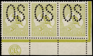 3d Green (Plate 2) Perforated Large OS, JBC Monogram corner strip of 3 from the right pane. A fine & fresh Mint rarity. BW:12(2)zb - ($5000) but unpriced perf.OS.