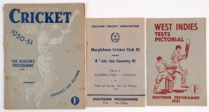"West Indies Tests Pictorial - Souvenir Programme 1951" (published in Adelaide by Sunrise Press); the "Sporting Globe Cricket Book 1950-51"; and, the souvenir programme for "Marylebone Cricket Club XI versus A Victorian Country XI played at Kardinia Park, Geelong" Feb. 1951. (3 items).