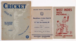 "West Indies Tests Pictorial - Souvenir Programme 1951" (published in Adelaide  by Sunrise Press); the "Sporting Globe Cricket Book 1950-51"; and, the souvenir programme for "Marylebone Cricket Club XI versus A Victorian Country XI played at Kardinia Park
