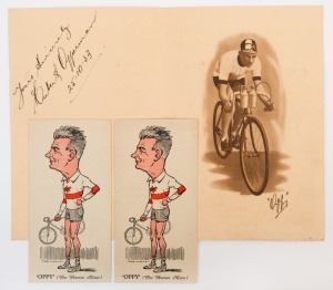 SIR HUBERT OPPERMAN: commemorative card produced by 6WF Radio (Perth) to celebrate Opperman cycling form Kalgoorlie to Perth in a record time of 25 hours and 37 minutes on the 8th & 9th September 1933, SIGNED BY OPPERMAN and dated "25-10-33"; also two caricature cards showing 'Oppy' (the Human Motor) produced by th "Malvern Star" bicycle manufacturers. (3 items)