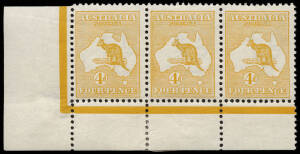 4d Orange (Plate 1), No Monogram corner strip of 3 from the left pane. Exceptionally scarce. The stamps MUH; mounted only in the margins and with a small thin in the margin at left. Very few examples are recorded; this one of very fine and fresh appearanc