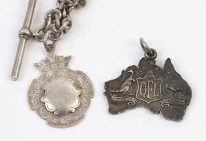 STERLING SILVER BADGES: with ATHLETICS badge, pendant & chain with commercial Ransomes & Rapier Ltd 'Sports 1928/Third/440yds Championship, weight 40gr; also QUEENSLAND FOOTBALL LEAGUE 1914 'Advance Australia' Map of Australia pendant badge awarded to K.Mackenroth of East Brisbane S.S., weight 7.75gr. (2 items)