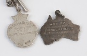 STERLING SILVER BADGES: with ATHLETICS badge, pendant & chain with commercial Ransomes & Rapier Ltd 'Sports 1928/Third/440yds Championship, weight 40gr; also QUEENSLAND FOOTBALL LEAGUE 1914 'Advance Australia' Map of Australia pendant badge awarded to K.M - 2