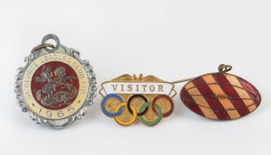 BADGES: with OLYMPICS: 1956 Melbourne enamel 'VISITOR' lapel badge by K.G. Luke (Melbourne); AUSTRALIAN RULES: enamelled oval football lapel pin badge by Lemane; RUGBY LEAGUE: 1965 St George Leagues Club membership badge by Angus & Coote (Sydney). (3 item