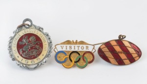 BADGES: with OLYMPICS: 1956 Melbourne enamel 'VISITOR' lapel badge by K.G. Luke (Melbourne); AUSTRALIAN RULES: enamelled oval football lapel pin badge by Lemane; RUGBY LEAGUE: 1965 St George Leagues Club membership badge by Angus & Coote (Sydney). (3 items)