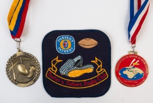 BADGES & MEDALLIONS: with 2000 (Apr. 13-23) French 'Championnat Monde de Rugby Junior 'medallion, 2003 (June 29) Weary Dunlop Match ASRU v AURU medallion; also an embroidered 'Foster's Fathers Rugby Club' guernsey patch. (3 items)