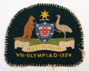 1924 PARIS OLYMPICS - ROBERT BROADBENT, AUSTRALIAN CYCLIST: selection of items belonging to Broadbent comprising Australian Team patch embroidered with Australian Coat of Arms and 'VIII- OLYMPIAD - 1924' beneath, together with a photograph of Broadbent in his cycling shirt with the patch affixed; also Broadbent's passport with attractive 'Paris 1924' labels below his passport photograph, 1924 (May 6th) SS Ormonde (Orient Line) passenger ticket (Melbourne to Toulon) for Broadbent,