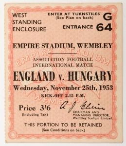 1953 ENGLAND v HUNGARY: 3/6d match day ticket for International Game held at the Empire Stadium, Wembley on November 25th 1953. In excellent condition.